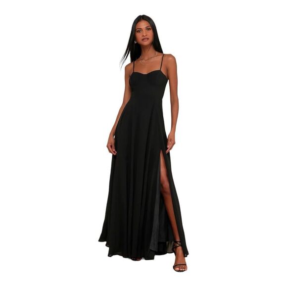 Lulu's Size Medium Cause for Commotion Black Pleated Bustier Maxi Dress - Picture 1 of 6